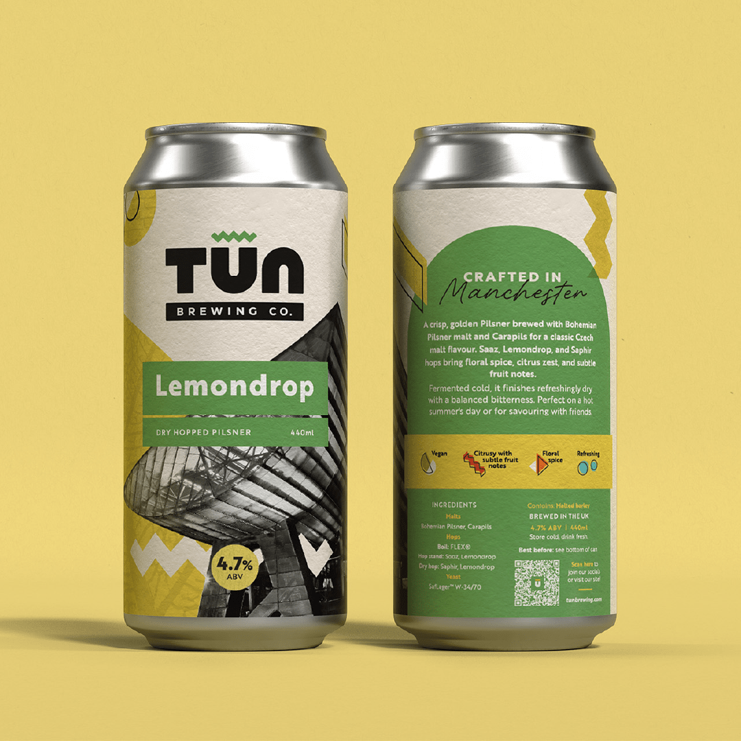 Front and back of the Lemondrop cans against a golden background